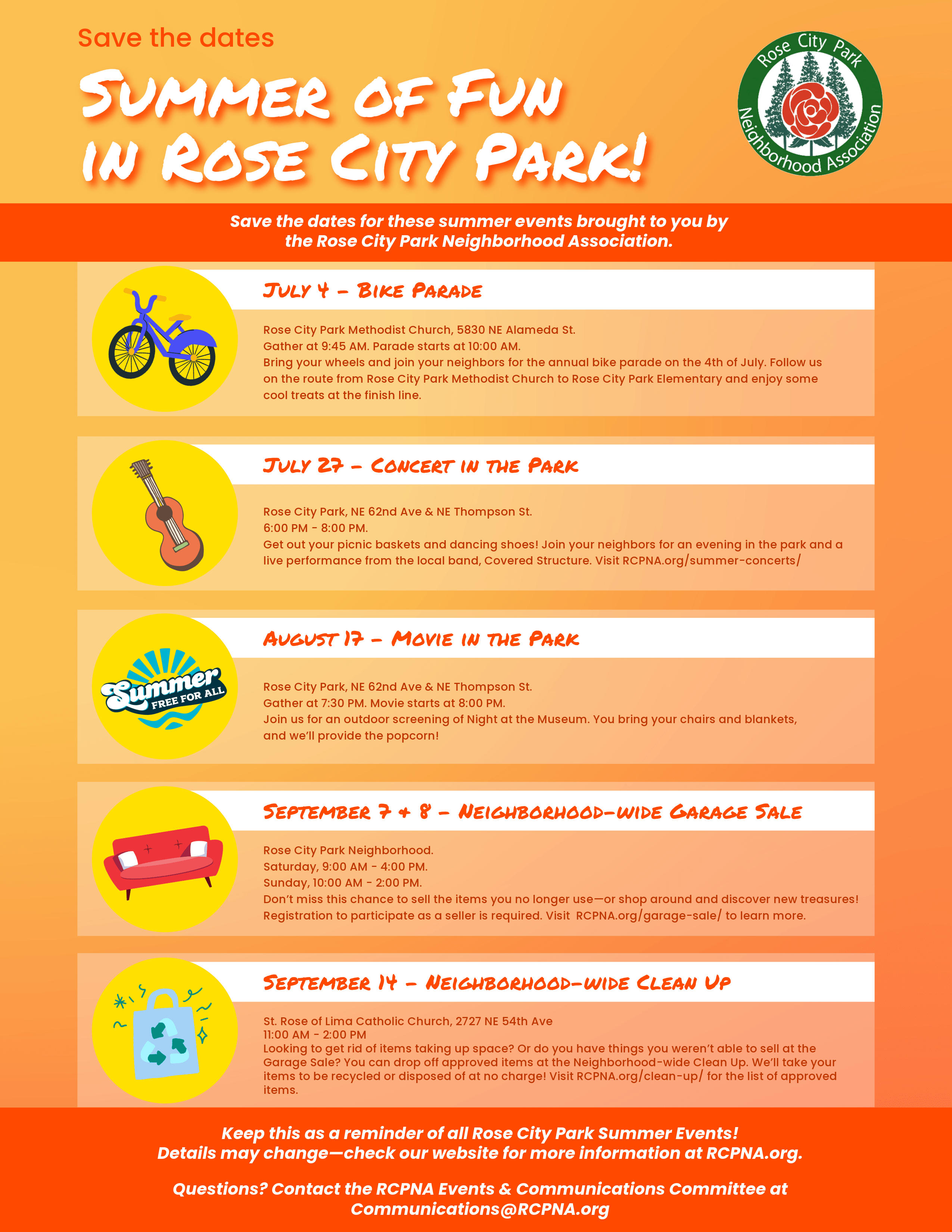 Summer events rose city park neighborhood association