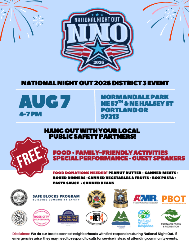 August 7 | 4-7 PM - NATIONAL NIGHT OUT 2026 District 3 Event at Normandale Park flier